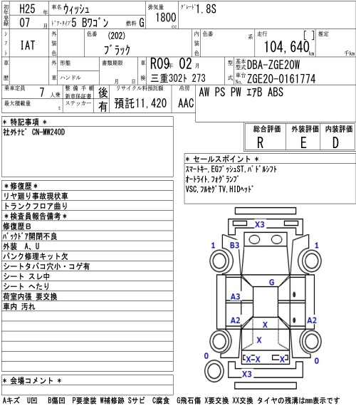 Аукционный лист TOYOTA WISH 2013