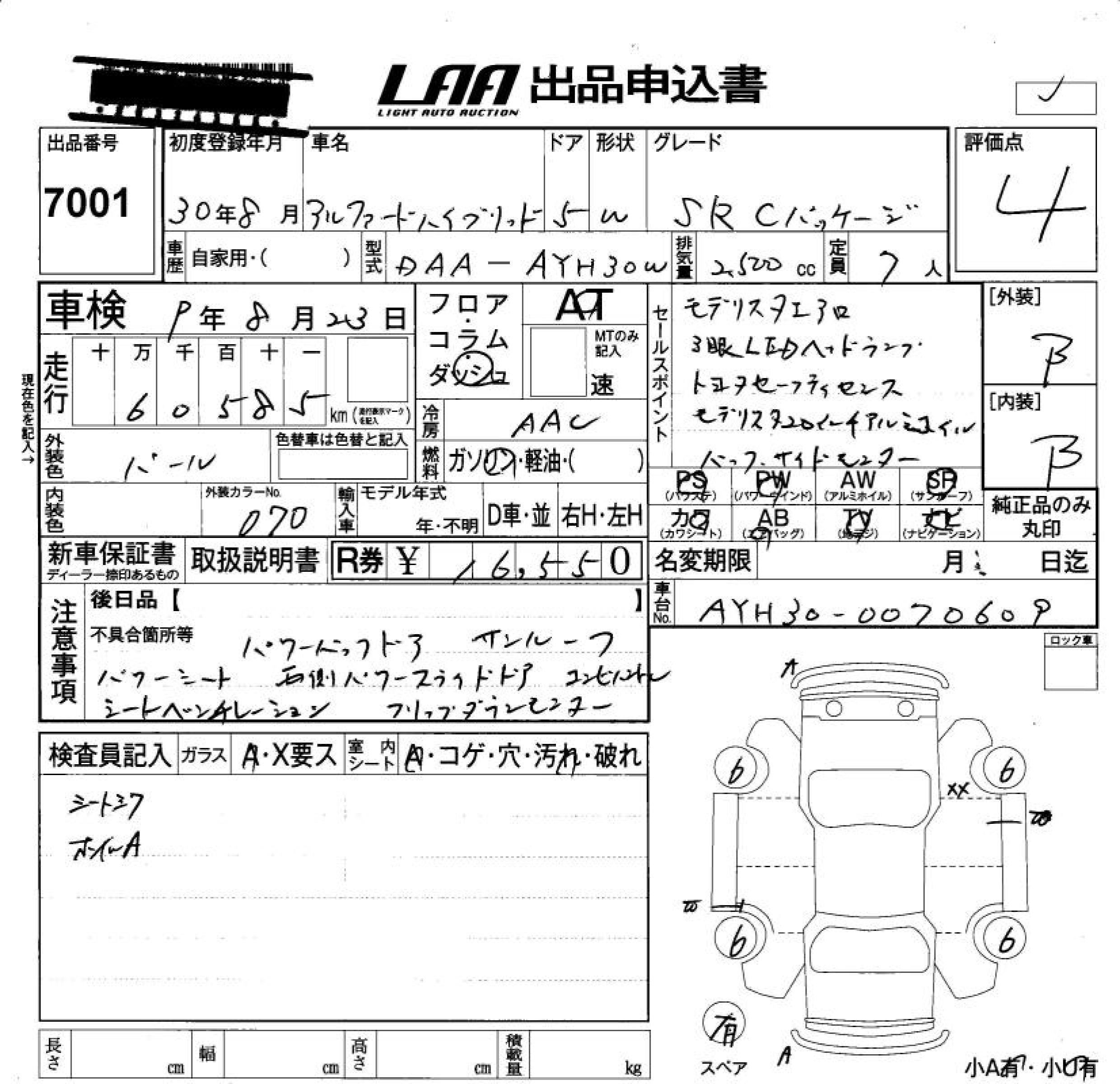 Аукционный лист TOYOTA ALPHARD 2018