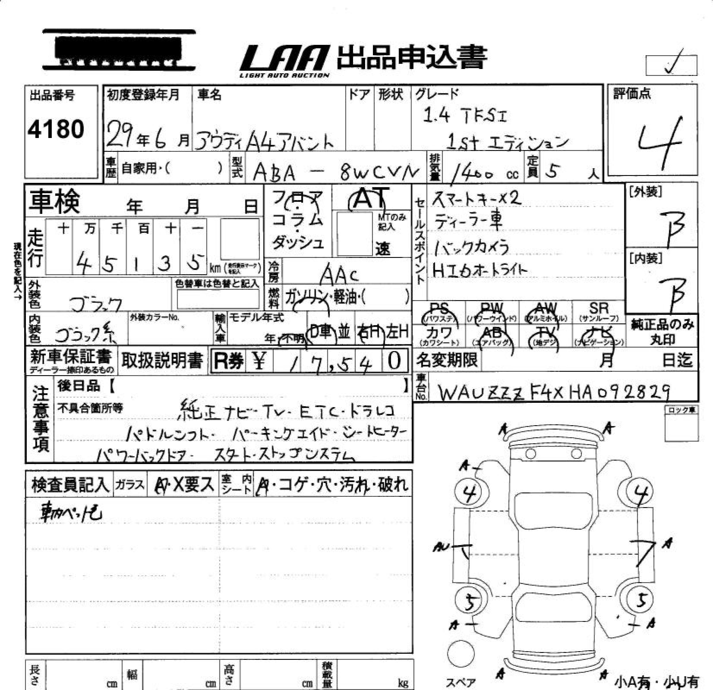 Аукционный лист AUDI A4 2017