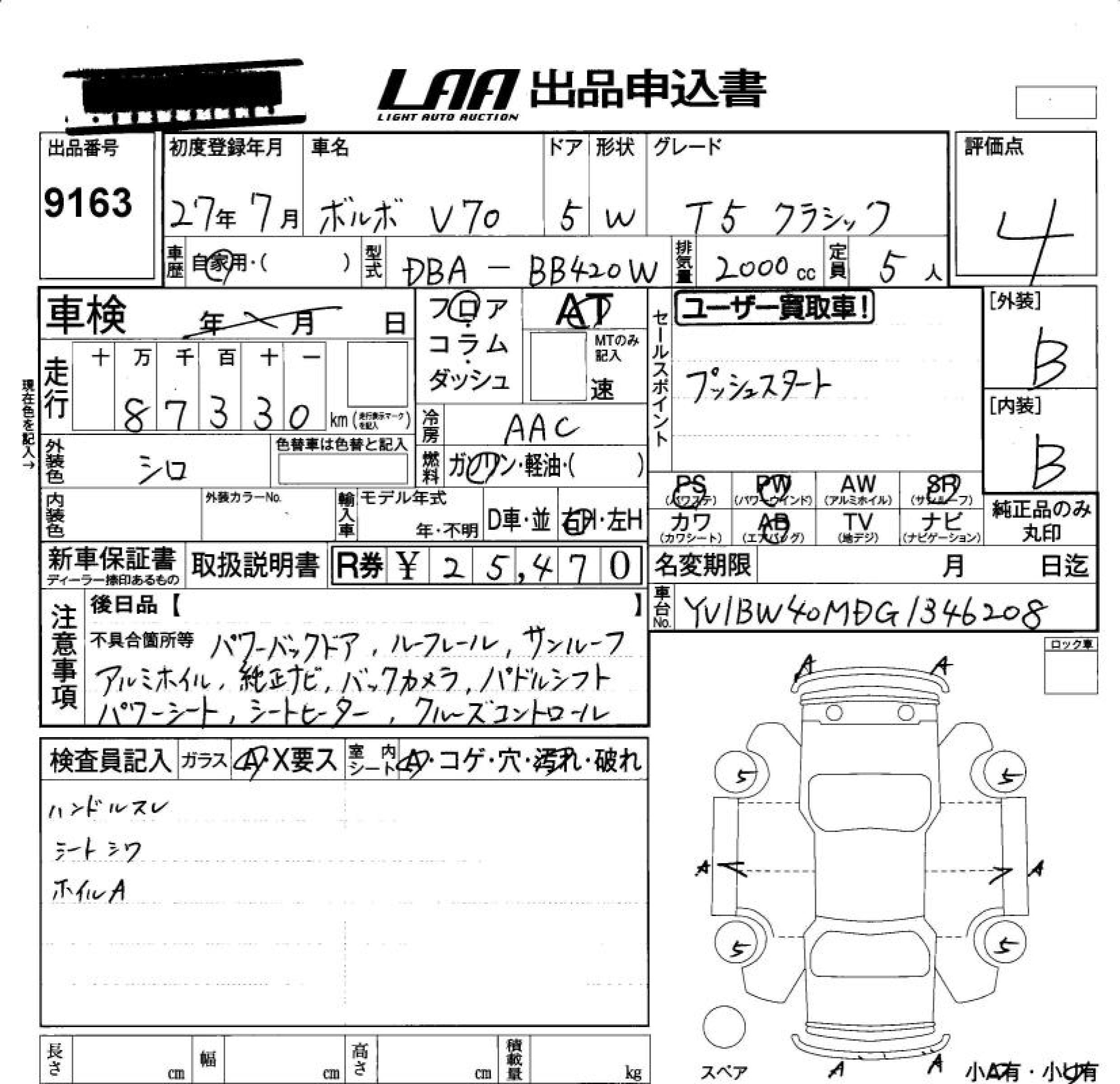 Аукционный лист VOLVO V70 2015
