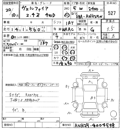 Аукционный лист TOYOTA VELLFIRE 2008