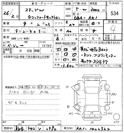 Аукционный лист HONDA STEP WAGON 2014