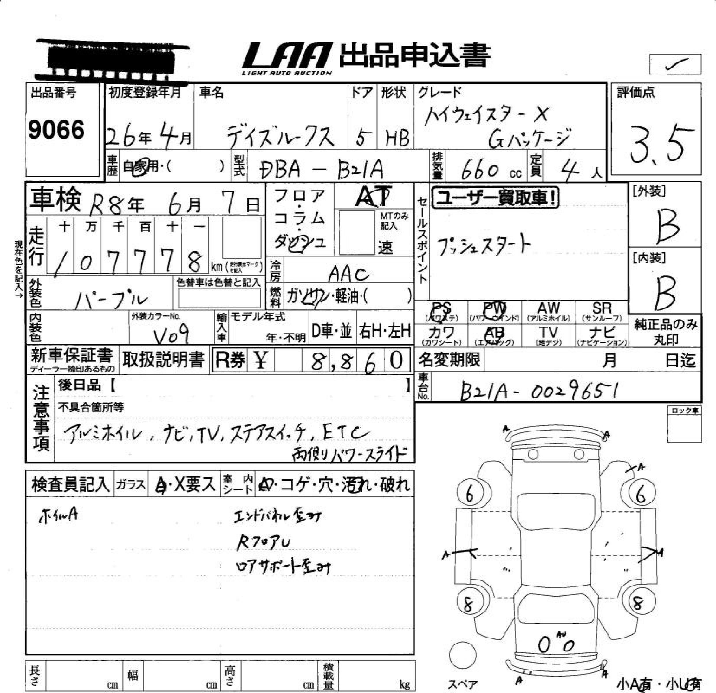 Аукционный лист NISSAN DAYZ ROOX 2014