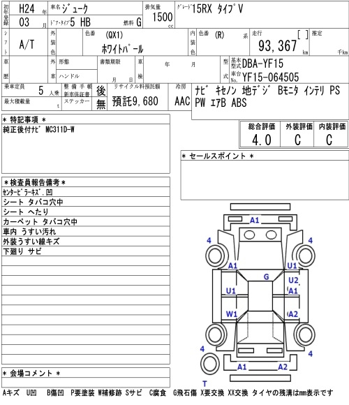 Аукционный лист NISSAN JUKE 2012