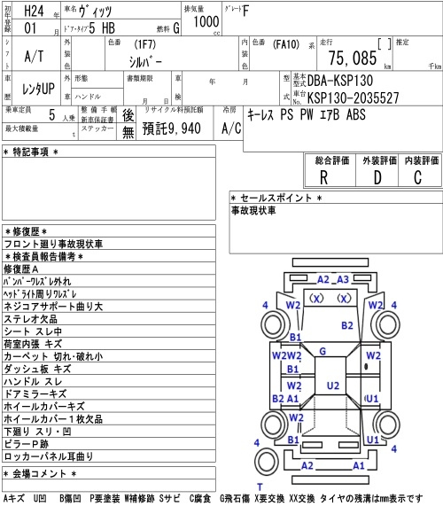 Аукционный лист TOYOTA VITZ 2012
