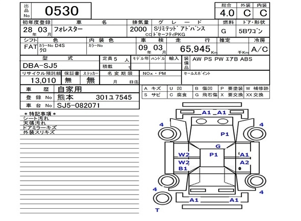 Аукционный лист SUBARU FORESTER 2016