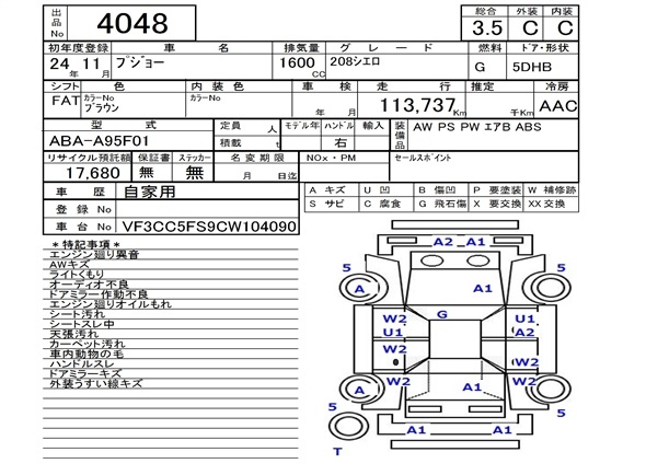 Аукционный лист PEUGEOT 206 2012
