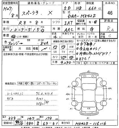 Аукционный лист SUZUKI SPACIA 2015