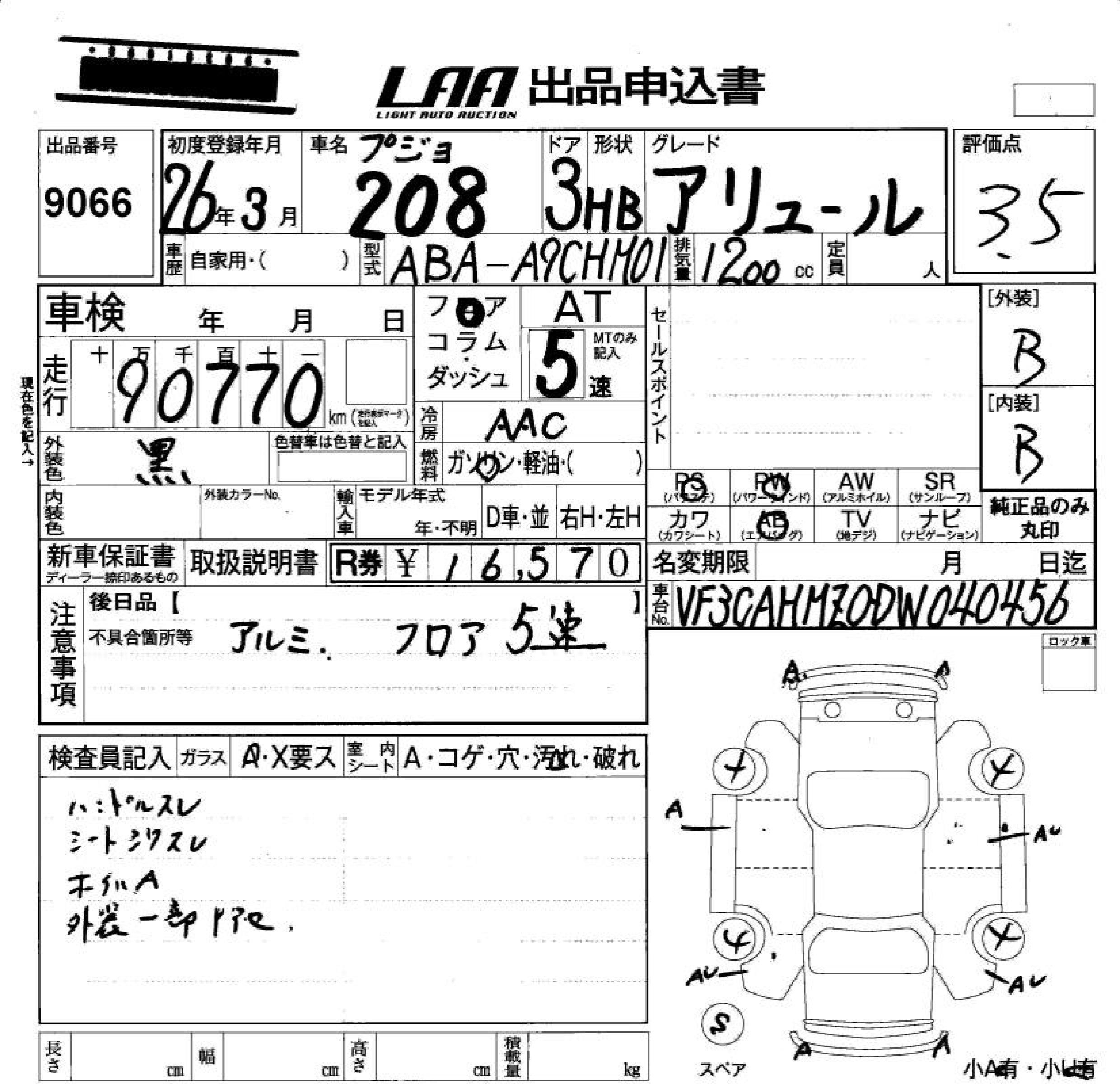 Аукционный лист PEUGEOT 208 2014