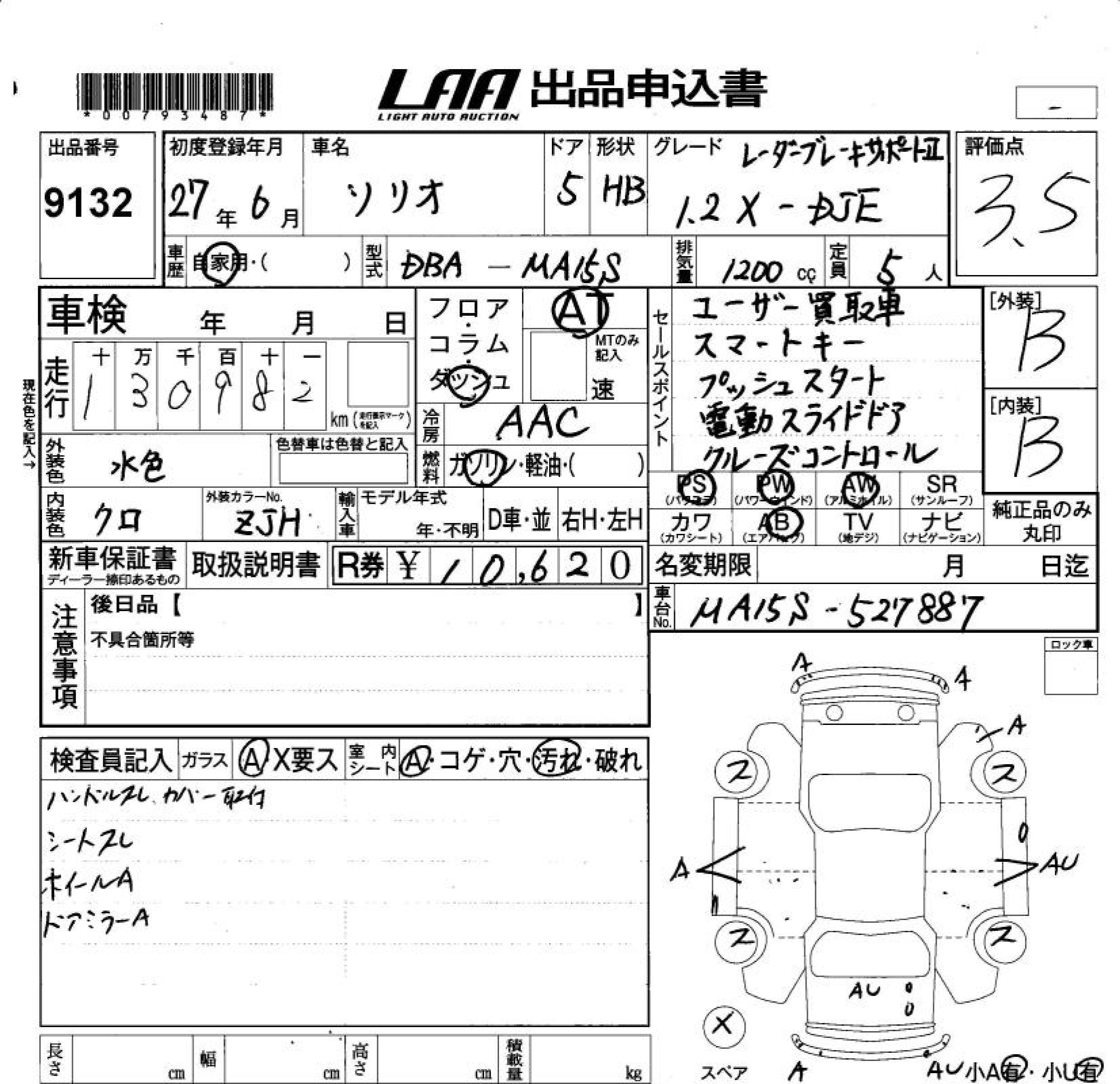 Аукционный лист SUZUKI SOLIO 2015