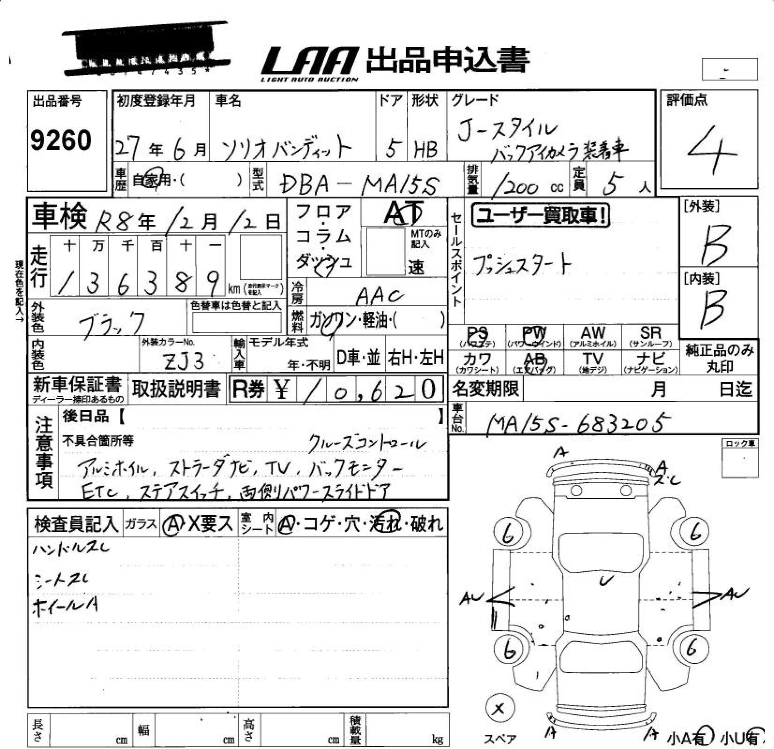 Аукционный лист SUZUKI SOLIO 2015