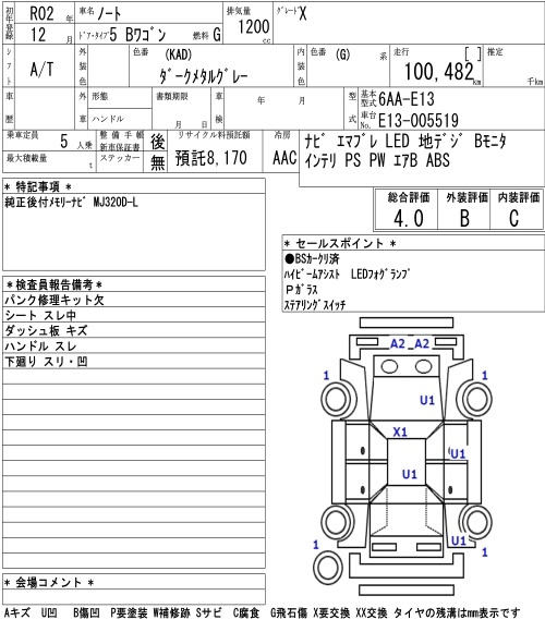 Аукционный лист NISSAN NOTE 2020