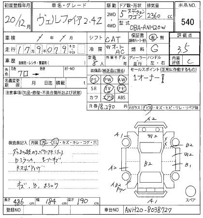 Аукционный лист TOYOTA VELLFIRE 2008