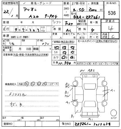 Аукционный лист TOYOTA ALLION 2010