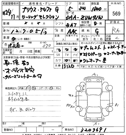Аукционный лист TOYOTA PRIUS ALPHA 2012