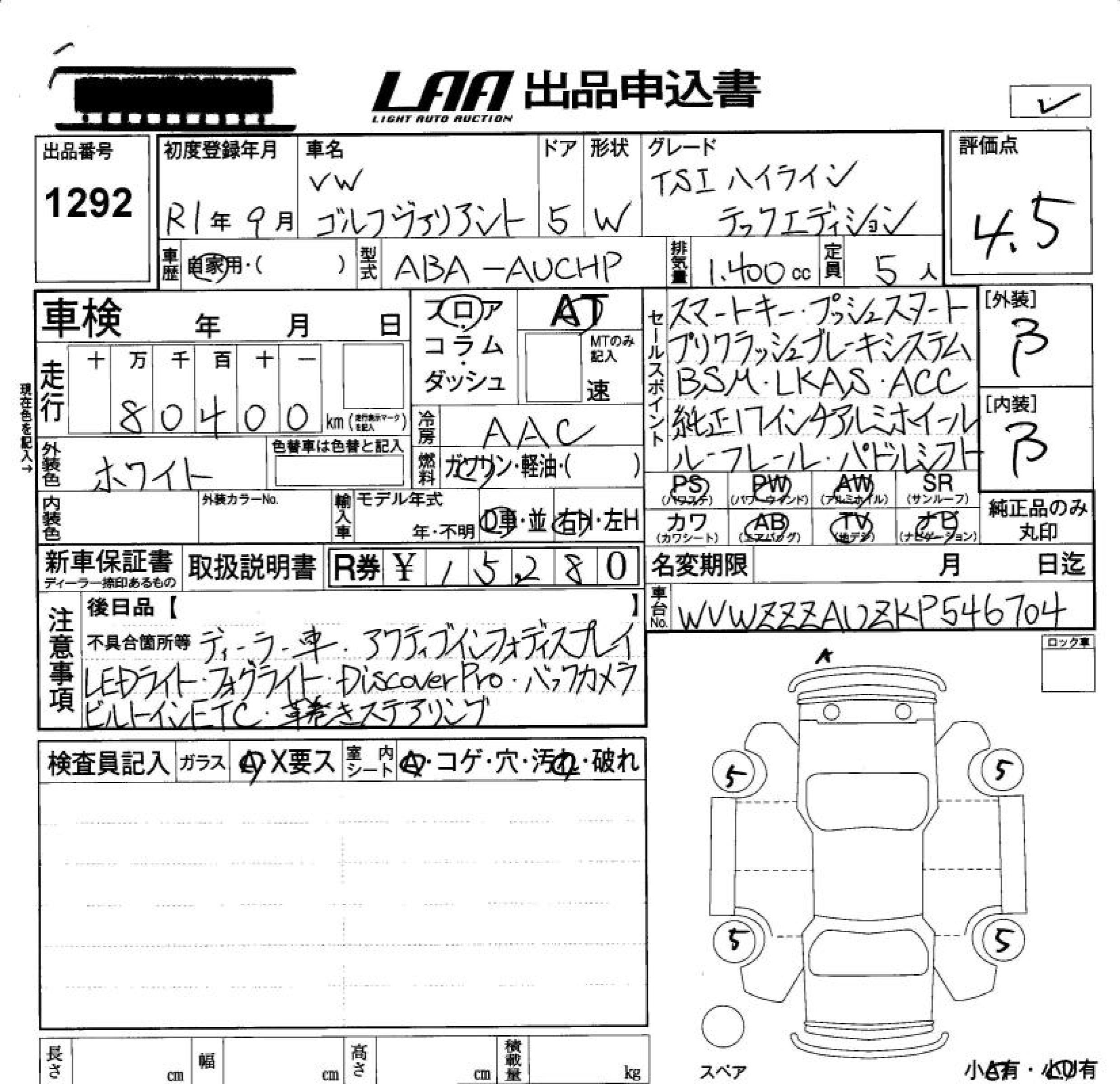 Аукционный лист VOLKSWAGEN GOLF VARIANT 2019