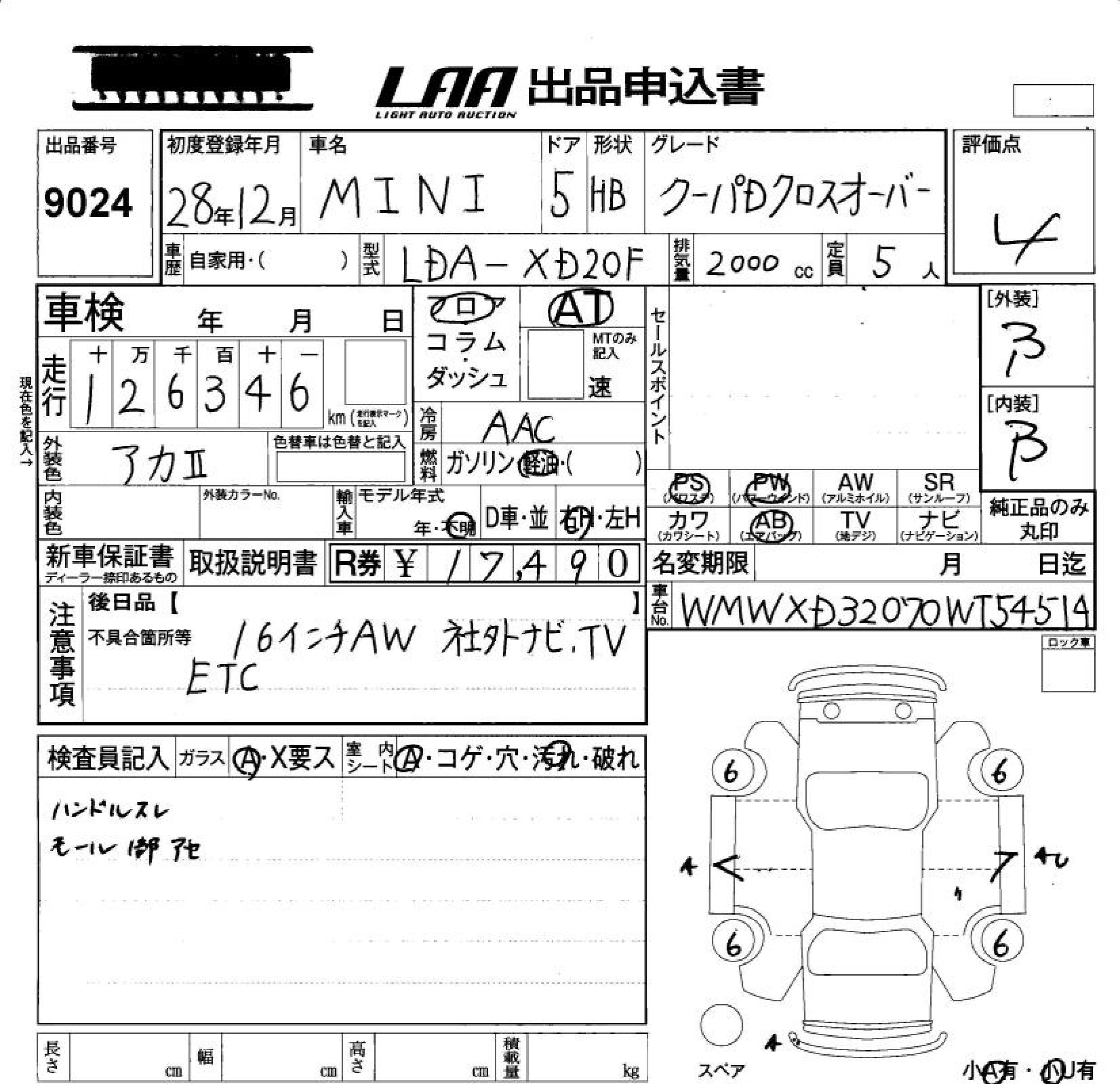 Аукционный лист BMW MINI 2016