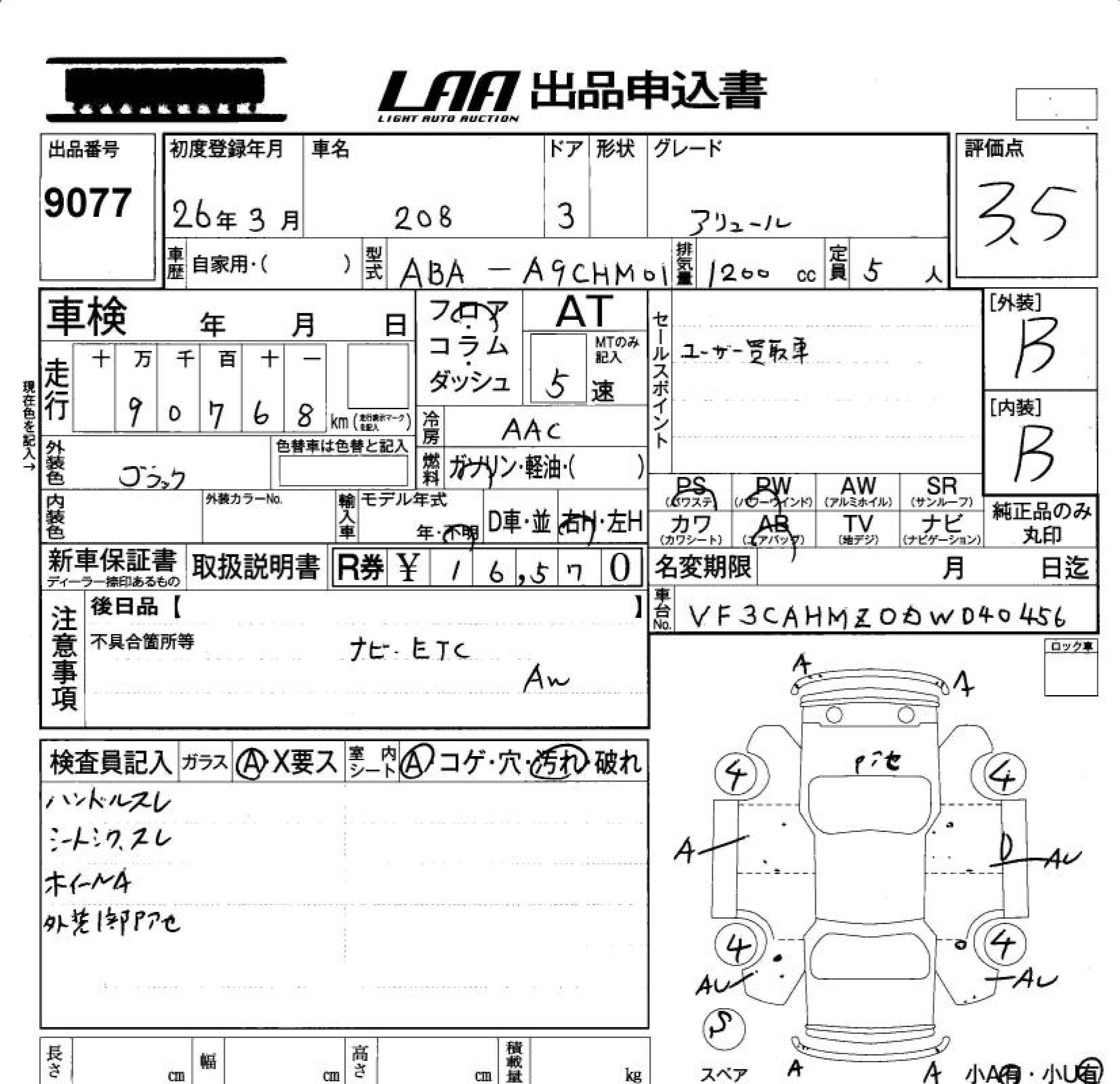 Аукционный лист PEUGEOT 208 2014