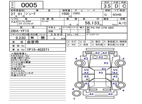Аукционный лист NISSAN JUKE 2015