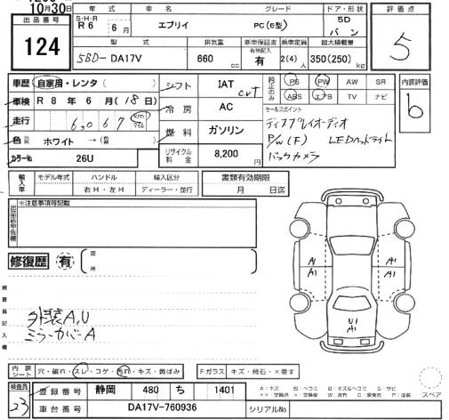 Аукционный лист SUZUKI EVERY 2024