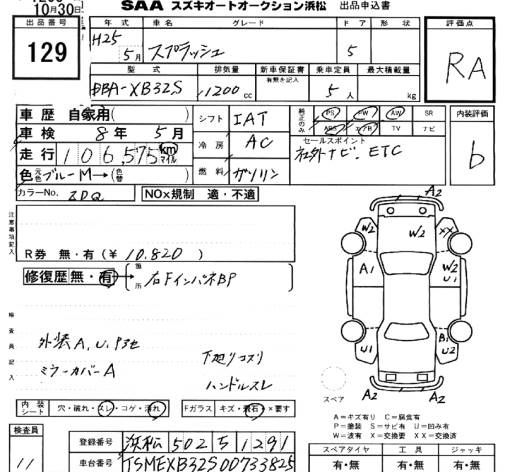 Аукционный лист SUZUKI SPLASH 2013