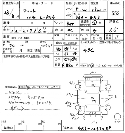 Аукционный лист HONDA FIT 2016