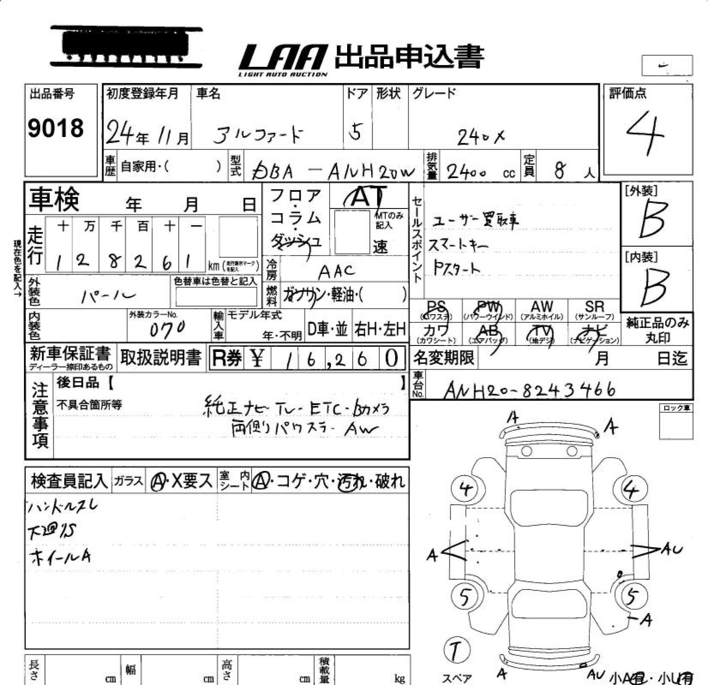 Аукционный лист TOYOTA ALPHARD 2012