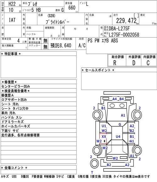 Аукционный лист SUBARU PLEO 2010