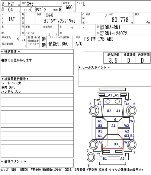 Аукционный лист SUBARU STELLA 2009