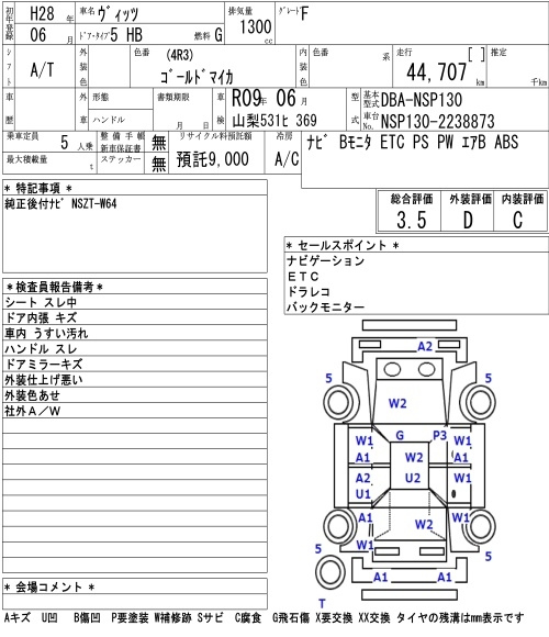 Аукционный лист TOYOTA VITZ 2016
