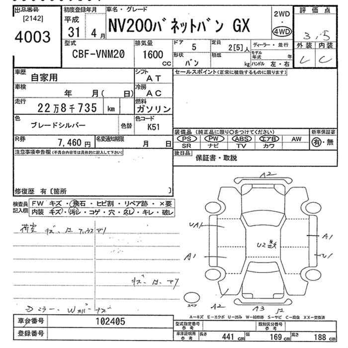 Аукционный лист NISSAN NV200 2019