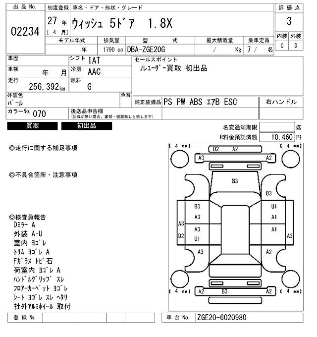 Аукционный лист TOYOTA WISH 2015