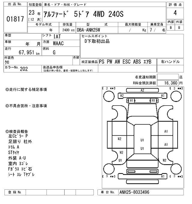 Аукционный лист TOYOTA ALPHARD 2011