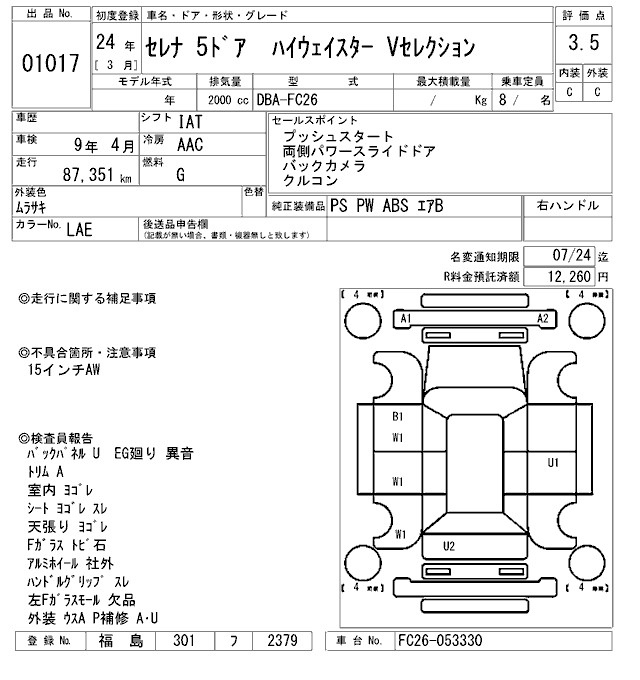 Аукционный лист NISSAN SERENA 2012