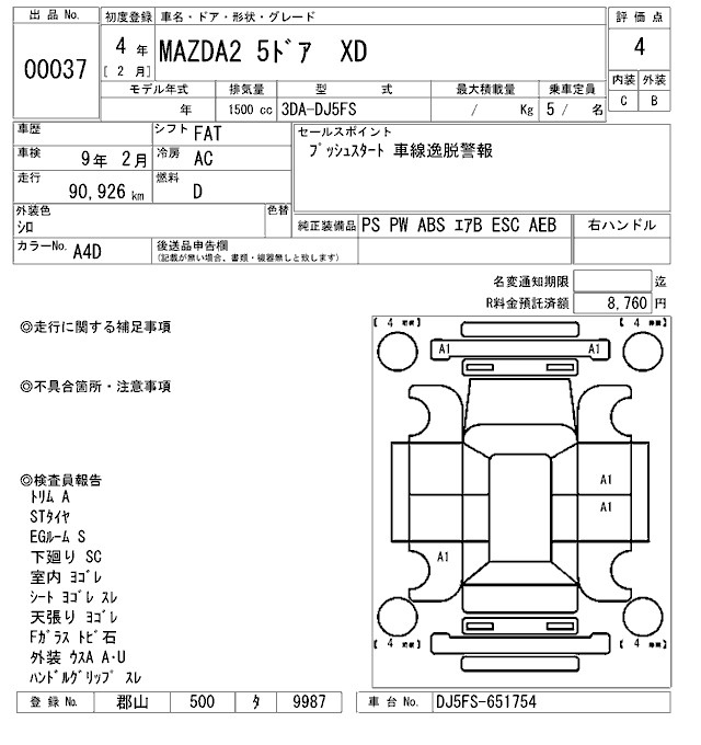 Аукционный лист MAZDA MAZDA2 2022