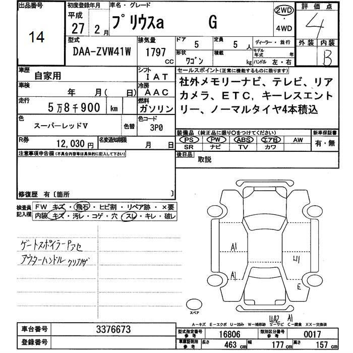 Аукционный лист TOYOTA PRIUS ALPHA 2015