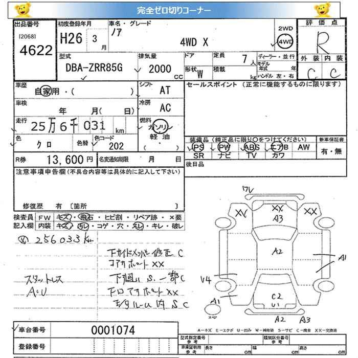 Аукционный лист TOYOTA NOAH 2014