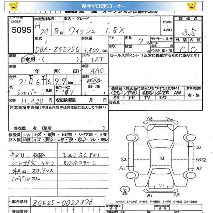 Аукционный лист TOYOTA WISH 2012