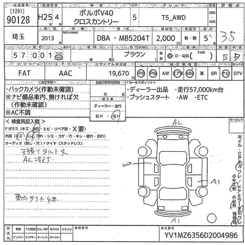 Аукционный лист VOLVO V40 2013