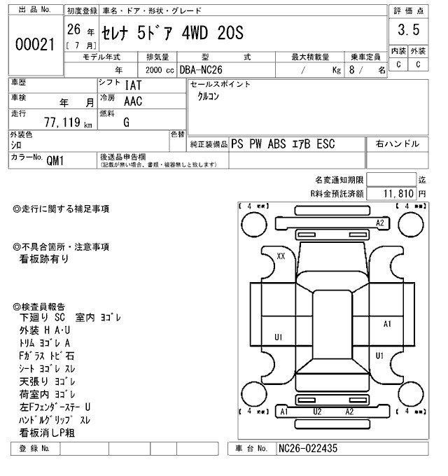 Аукционный лист NISSAN SERENA 2014