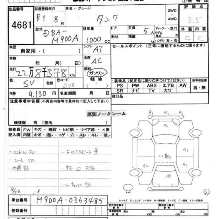 Аукционный лист TOYOTA TANK 2019
