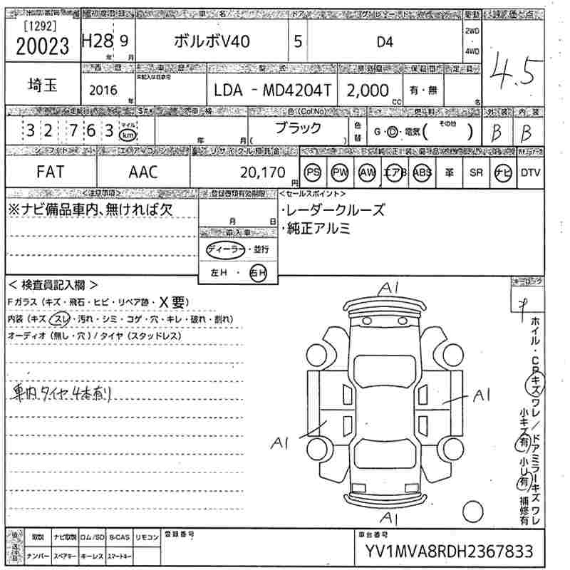 Аукционный лист VOLVO V40 2016