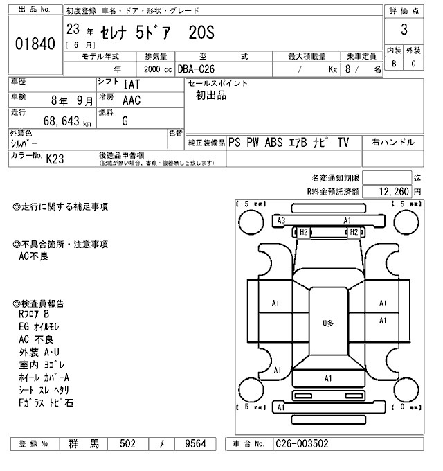 Аукционный лист NISSAN SERENA 2011