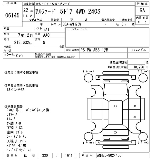 Аукционный лист TOYOTA ALPHARD 2010