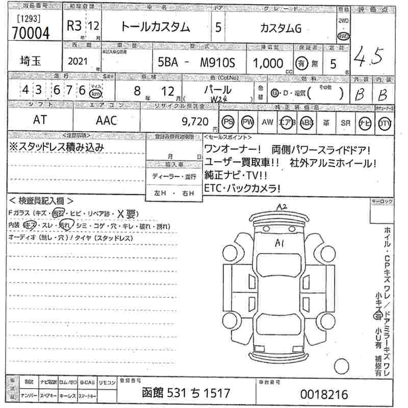 Аукционный лист DAIHATSU THOR 2021