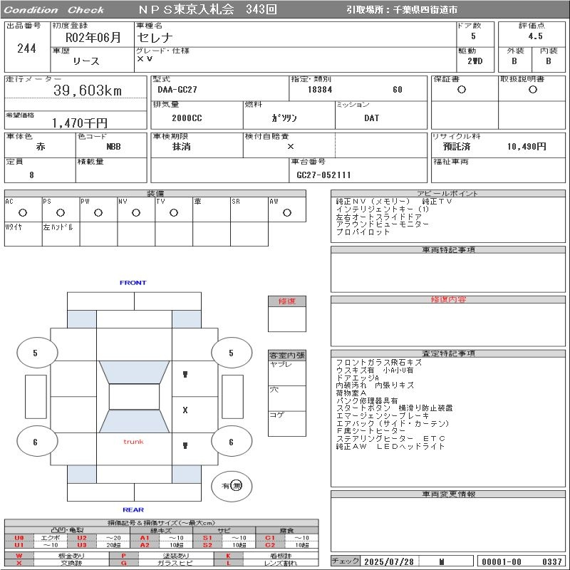 Аукционный лист NISSAN SERENA 2020