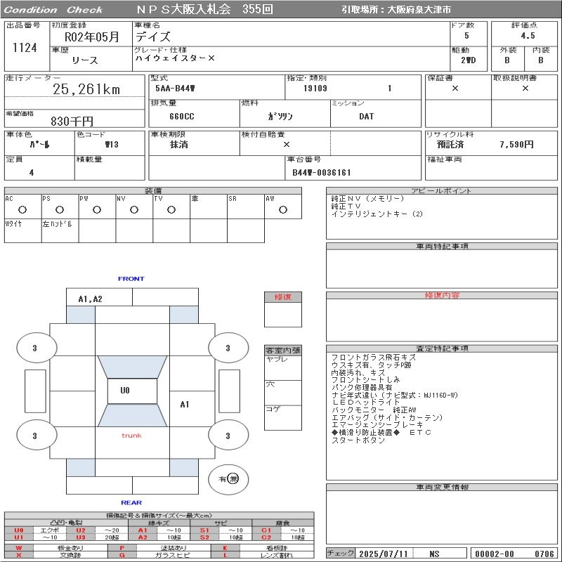 Аукционный лист NISSAN DAYZ 2020