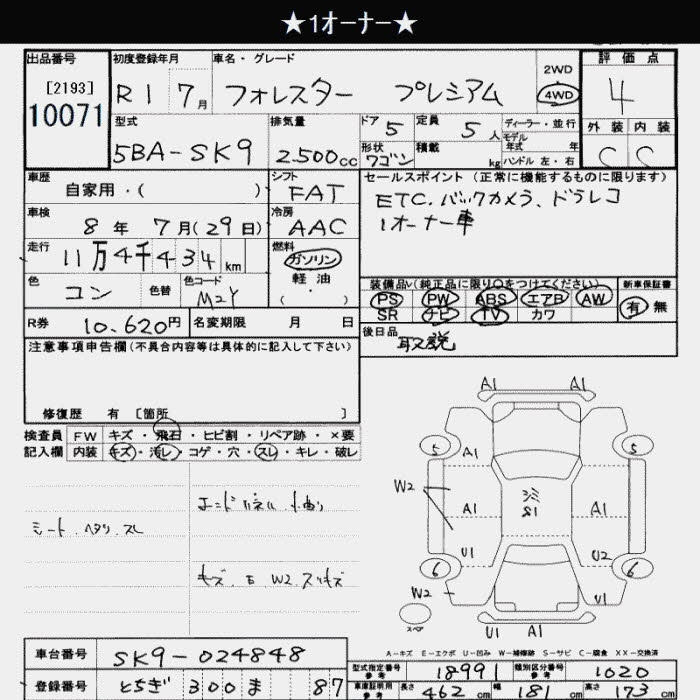 Аукционный лист SUBARU FORESTER 2019