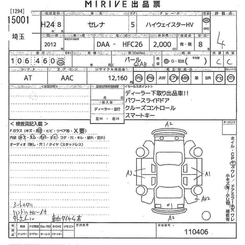 Аукционный лист NISSAN SERENA 2012