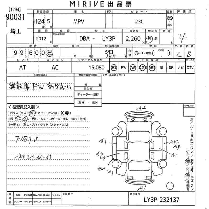 Аукционный лист MAZDA MPV 2012